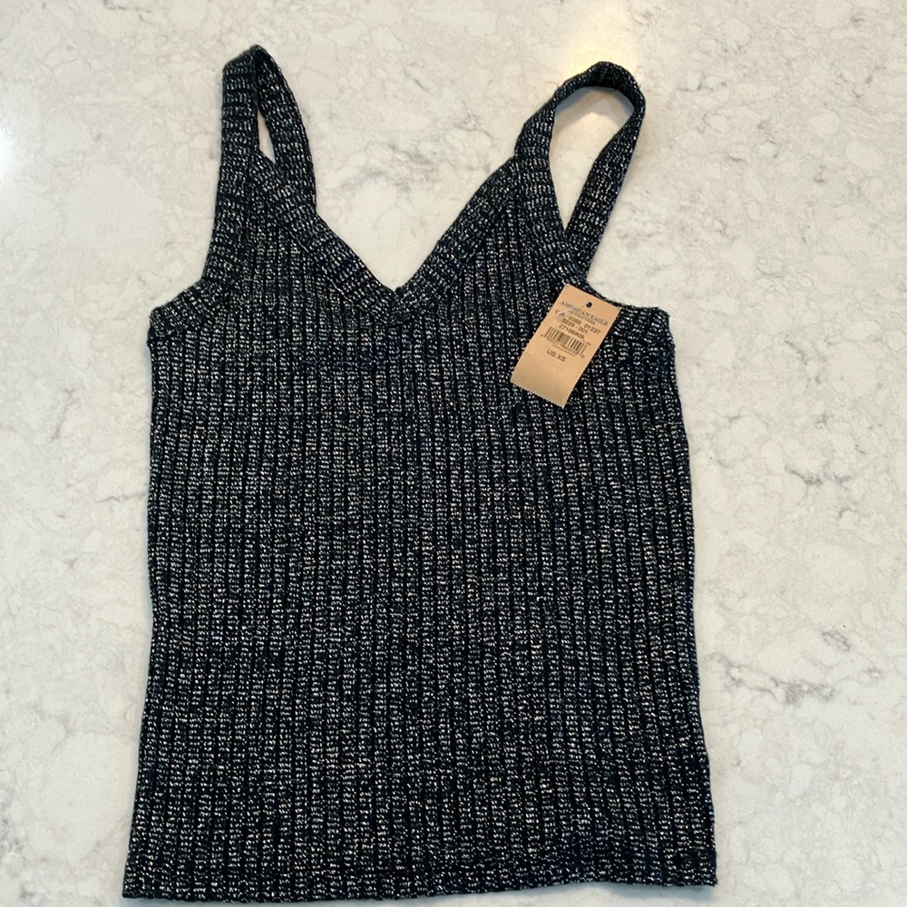 American Eagle Soft & Sexy Ribbed Vneck Cami Black/‎ Silver Metallic Sz XS- NWT